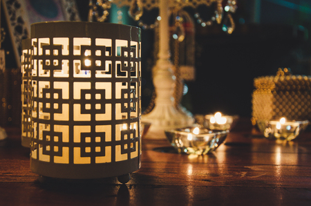 Vintage wedding decoration with lamps and candlesの写真素材