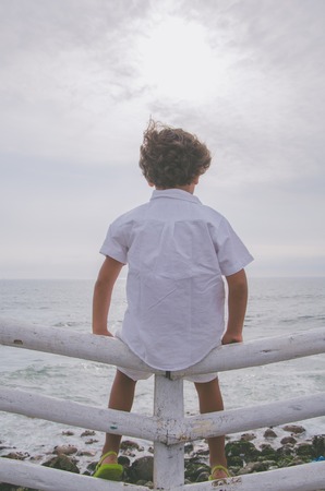 Child sitting on a fence facing the seaの写真素材