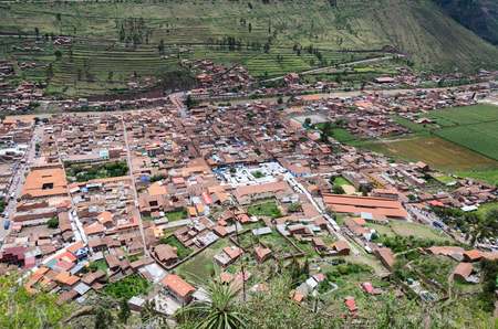 View from the Ruins of Pisac towards the city, Sacred Valley of the Incas Cusco PERU.の写真素材
