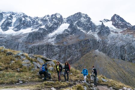 Huaraz, Peru - August 18th 2016 : Trekking in the mountains. Landscape of Punta Union Trek, Huascaran National Park, Cordillera Blanca, Peruのeditorial素材