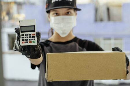 Home delivery food during virus outbreak, coronavirus panic and pandemics. Stay safe