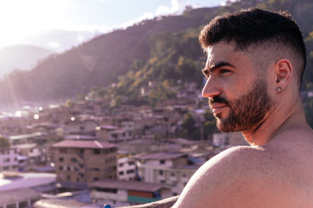 Man enjoying the view of the city of Chanchamayo located in the department of Junin in Peru.の写真素材