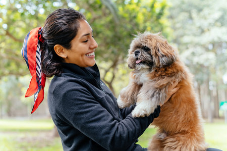 Adorable puppy in arms of its loving owner. Small adorable doggy with funny curly fur with adult woman.の写真素材