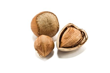 three hazelnuts isolated on a white background