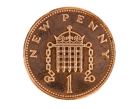 shiny one penny coin, isolated on whiteの写真素材