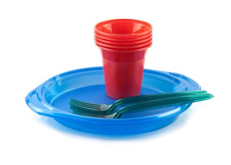 plastic tableware isolated on whiteの写真素材
