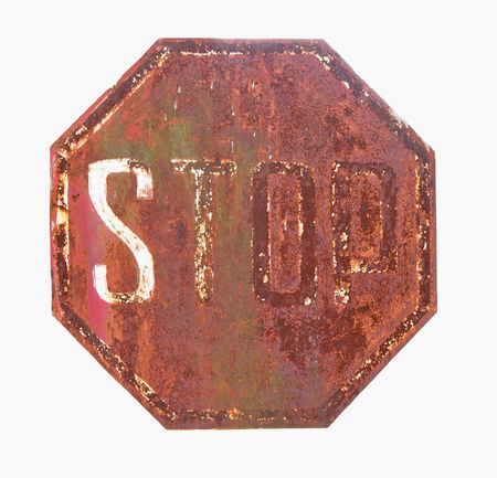 old rusty road sign stop isolated on white background 