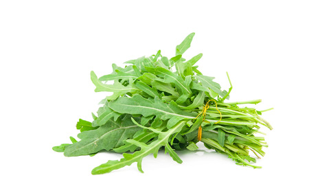 fresh arugula leaves on white backgroundの写真素材
