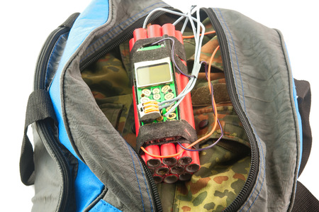 time bomb with detonator is in bag isolated on whiteの写真素材