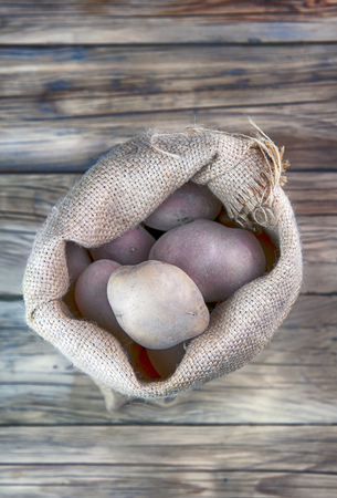 harvest potatoes in burlap sack on wooden backgroundの写真素材