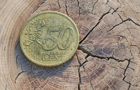 euro coin on wood tableの写真素材