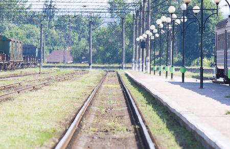 railway tracks a train station in day. Ukraineの写真素材