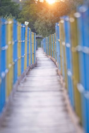 Metal pedestrian suspension bridge in Ukraineの写真素材