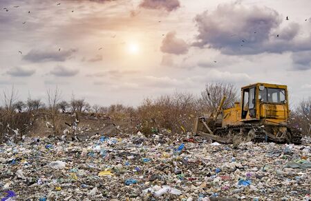 bulldozer working on landfill with birds in the sky. Sunsetの写真素材
