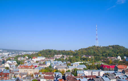 Top view from of the city hall on houses in Lviv, Ukraine. Lviv bird's-eye view. Lviv old town from...