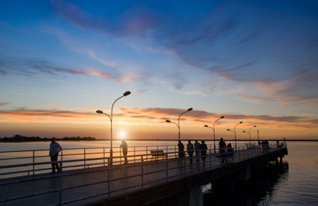 Sunset at the wooden pier (molo) in Kamien Pomorski, Polandの写真素材