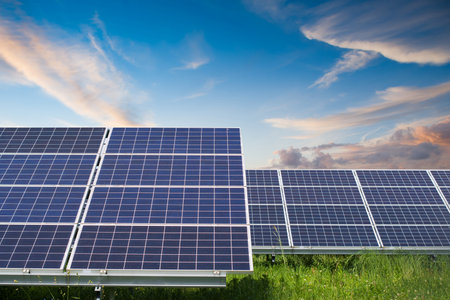 solar panels and sunset. Solar panels system power generators from sun. Clean technology for a better futureの写真素材