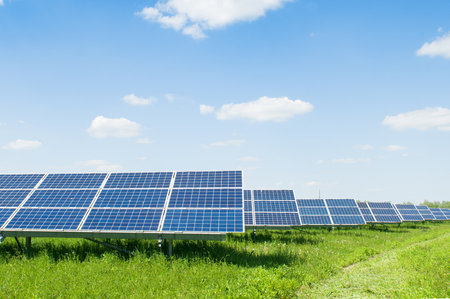 Solar panels on the sky background. solar power plant. blue solar panels. Alternative source of electricity. solar farm.の写真素材