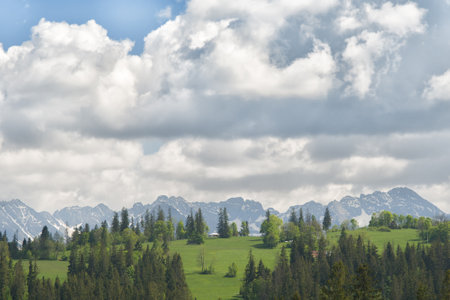 View of Tatra mounains.Tatra mountains in the morning. Beautiful green valley at snowy mountains foothills.の写真素材
