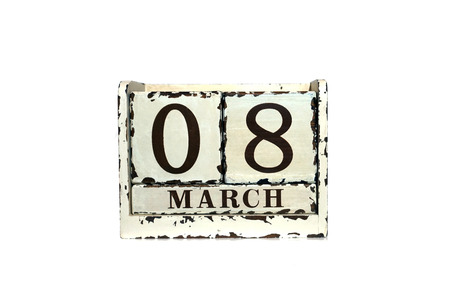 8 March Happy Women's Day with wooden block calendar isolated on whiteの写真素材