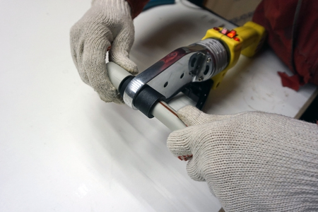 Plumber welded plastic pipes;の写真素材