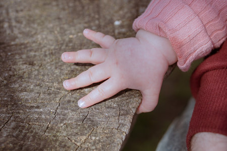 Child's hands on a wooden table background.の写真素材