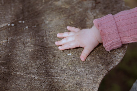 Child's hands on a wooden table background.の写真素材