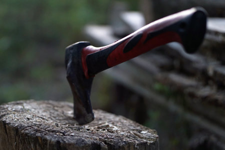 An axe with a rubber handle is stuck in a wooden log. Logging on the background of countryside. The hatchet.の写真素材