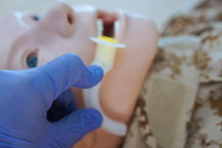 Blue-gloved hand measuring an oropharyngeal airway tube against a medical training mannequin in a camouflage uniform to check the correct size for airway management.の写真素材