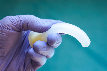 Oropharyngeal airway tube held in a gloved hand, ready for emergency use. Medical equipment for airway management, resuscitation, anesthesia, and first aid training.の写真素材