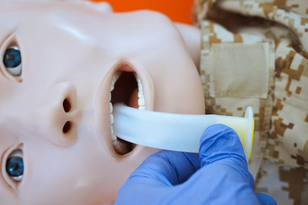 Medical training mannequin in camouflage uniform while a gloved hand removes an oropharyngeal airway tube. The procedure demonstrates airway tube removal during a military medical simulation training.の写真素材