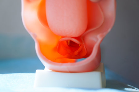Medical airway mannequin showing oral cavity and larynx, simulation model for airway management...