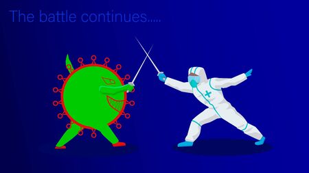 The battle of the virus COVID-19 and the paramedic on a blue backgroundのイラスト素材