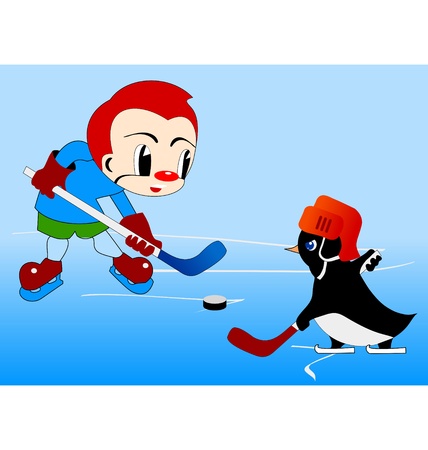 Little boy and penguin play ice hockeyのイラスト素材