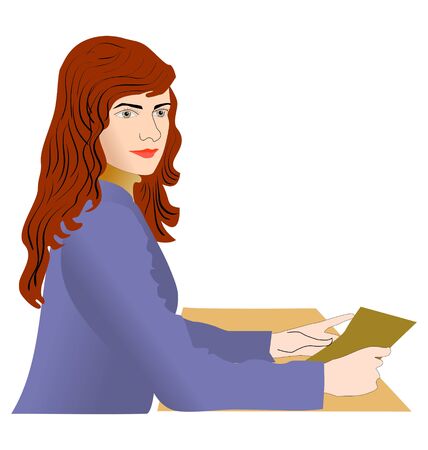 Girl is sitting at desk with bookのイラスト素材