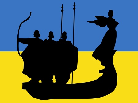 silhouette of Kyiv on Ukrainian flag backgroundのイラスト素材