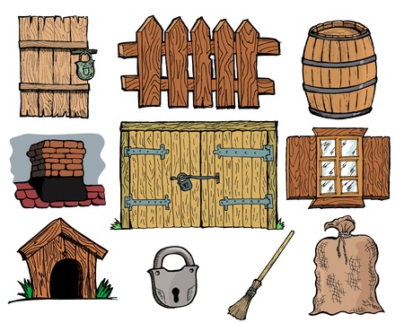 Set of hand drawn, vector illustration of vintage rural objectsのイラスト素材