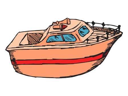hand drawn, cartoon, sketch illustration of motor boatのイラスト素材