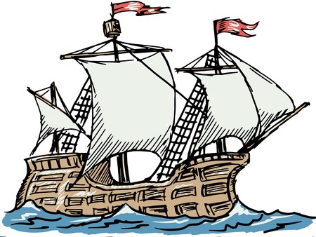 hand drawn, sketch illustration of caravelのイラスト素材