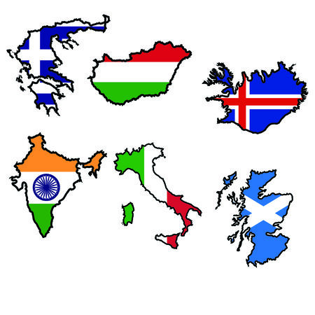 Illustration of flag in map of Greece,Hungary,Iceland,India,Italy,Scotlandのイラスト素材