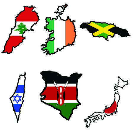 Illustration of flag in map of Ireland,Jamaica,Japan,Kenya,Lebanonのイラスト素材