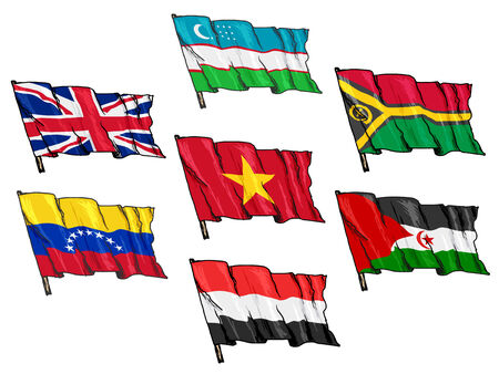 set of hand drawn sketch illustrations of national flagsのイラスト素材