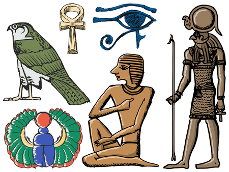 Set of hand drawn, sketch illustrations of symbols of ancient Egyptのイラスト素材