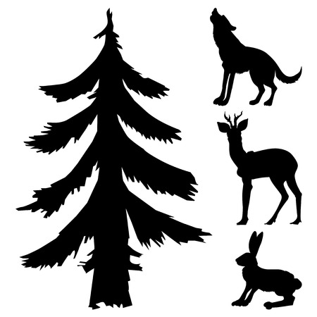 silhouettes of fir, hare, wolf and roe deer, forest motivesのイラスト素材