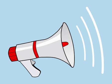 Working loudspeaker. Concept of sound visualisation, alarm calling, marketing, teamwork, promotion, seo. Working and technology object. Vector, cartoon illustrationのイラスト素材