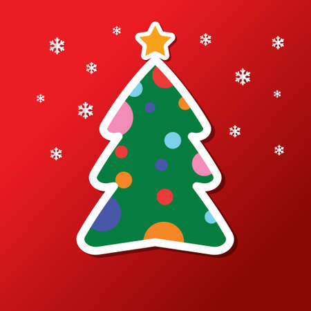 Merry Christmas and Happy New Year time cartoon illustration greeting card with xmas tree on red backgroundのイラスト素材