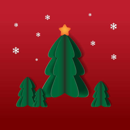 Merry Christmas and Happy New Year time cartoon illustration greeting card with Xmas tree on red backgroundのイラスト素材