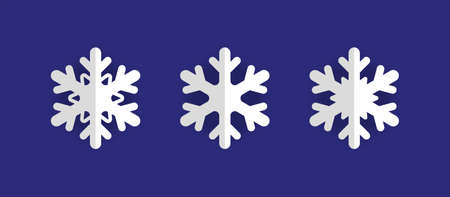 Vector set of 3 white Christmas paper cut 3d snowflakes with shadow on deep blue background. New year and Christmas design elementsのイラスト素材