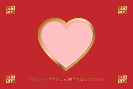 Gold Hearts on a red background, Chinese valentine's day, Valentines hearts postcard. Paper flying elements on pink background. Vector symbols of love in shape of heart design.のイラスト素材