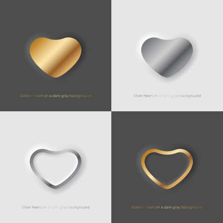 Heart and Love, Golden heart on a dark gray background and Silver hearts on a light gray background.のイラスト素材